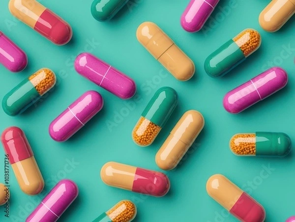 Obraz Probiotic supplements dissolving into vibrant bacteria aiding digestion, gut health, microorganisms