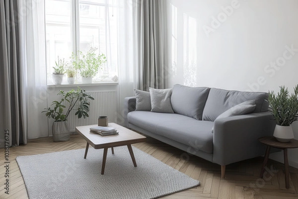 Fototapeta modern living room featuring gray sofa, wooden coffee table, and indoor plants. bright space is enhanced by natural light streaming through large windows, creating serene atmosphere