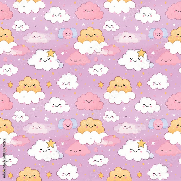 Obraz Seamless Cute cloud pattern with stars and pastel background. Pattern for wallpaper, background, print on fabric and paper.