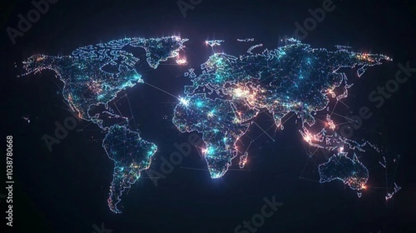 Fototapeta A Digital World Map with Glowing Cities and Interconnected Lines