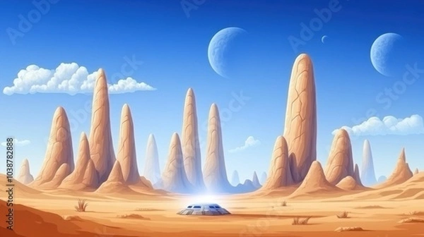 Fototapeta Futuristic spacecraft lands in a surreal desert landscape with towering rock formations, AI