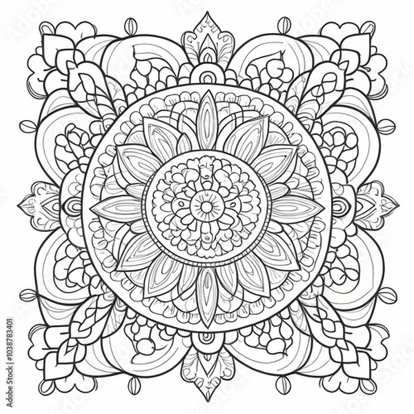 Fototapeta  complex Intricate mandala design, featuring complex geometric patterns with with clear, bold lines.  white background,  coloring book page