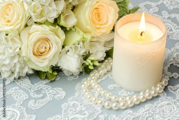 Fototapeta Bridal headpiece with pearls and lace placed next to a scented candle and a bouquet, capturing delicate wedding details