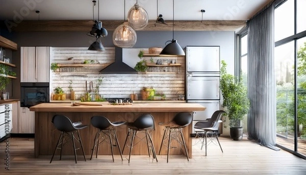 Fototapeta Drawing loft kitchen interior with furniture