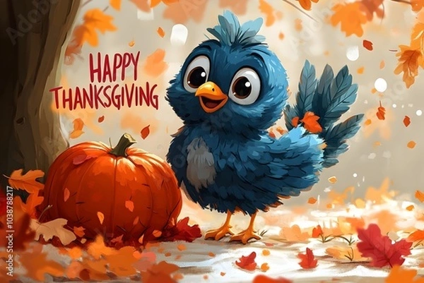 Fototapeta cartoon vector illustration of turkey and happy pumpkin with fall leaves. "HAPPY THANKSGIVING" text at the middle.