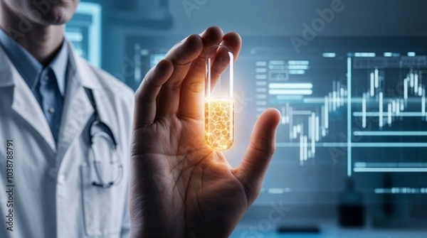 Fototapeta Innovative Medical Technology: Doctor Holding Illuminated Capsule With Data Visualizations On Screens