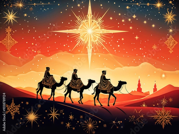 Fototapeta Three wise men journeying under a brilliant star toward a distant city at dusk during a magical celebration