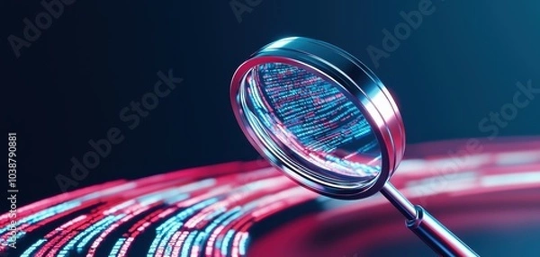 Obraz High-tech SEO concept with a magnifying glass and illuminated data, illustrating digital marketing analysis and optimization techniques