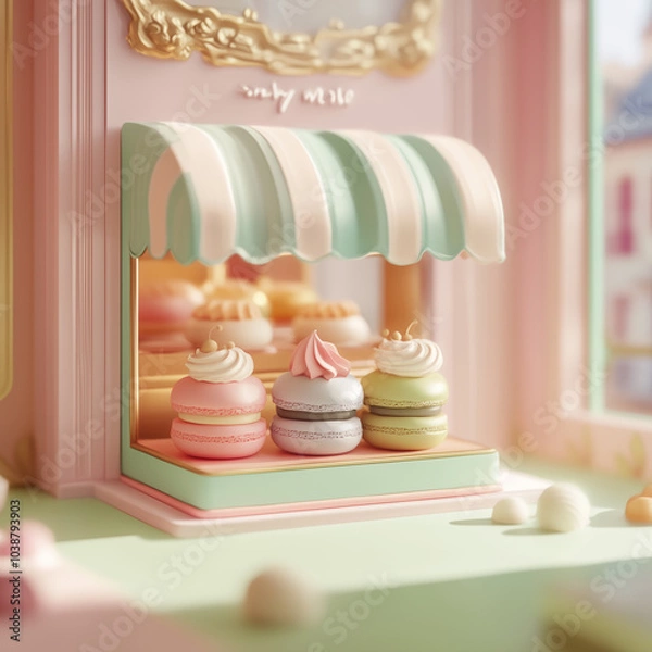 Fototapeta Cute isometric style Pastry macaron shop generative AI