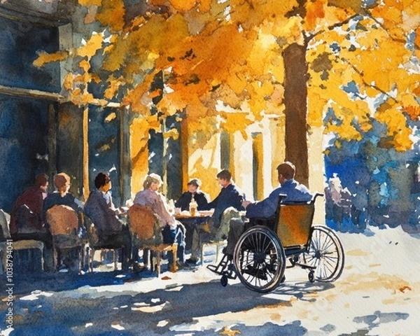 Obraz Wheelchair User in Autumn Café Scene