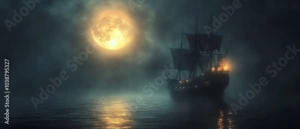 Fototapeta A mysterious ship sailing under a full moon, enveloped in fog, creating an eerie yet captivating atmosphere over the water.