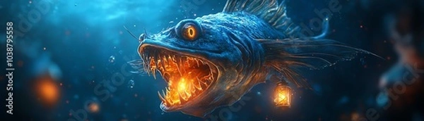 Fototapeta A vivid underwater scene featuring a fierce fish with glowing eyes, exuding an aura of mystery and intrigue in the deep sea.