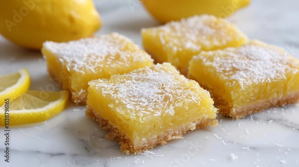 Fototapeta Delicious lemon coconut bars with a crumbly base and coconut topping for a refreshing dessert