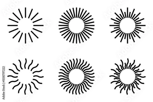 Fototapeta Set of abstract sunburst designs in different styles, perfect for logos, decoration, or vintage-themed graphics. Editable stroke.