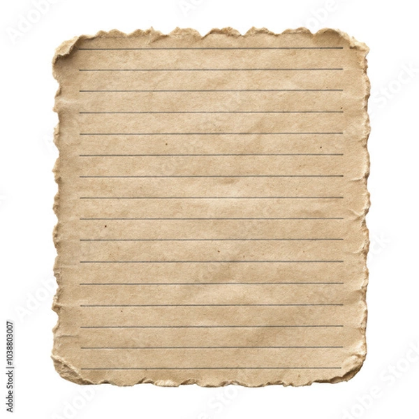 Fototapeta Vintage piece of lined paper with rough, torn edges, featuring a textured, aged appearance suitable for use in designs, scrapbooking, or creative projects. Isolated on transparent background, png.