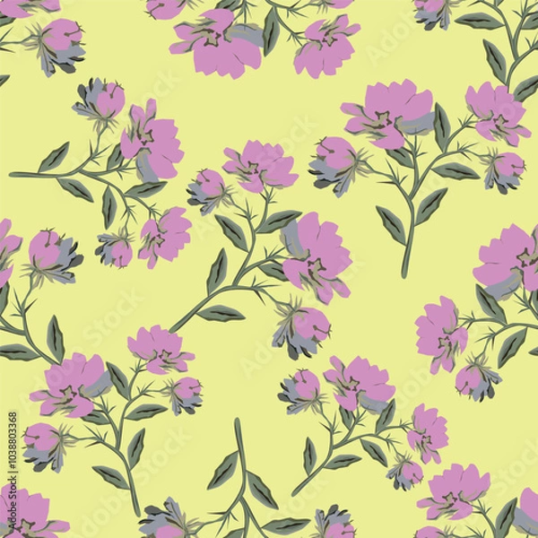 Obraz Vintage seamless floral pattern. Liberty style background of small lilac and white flowers. Small flowers scattered over a beige background