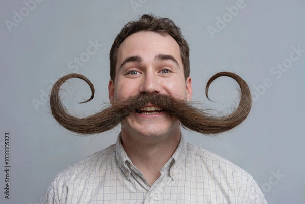 Fototapeta Cheerful man with a huge mustache on a light background.