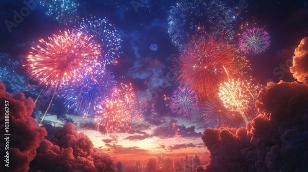 Obraz A hyper-realistic image of fireworks lighting up the sky above a festival, with intricate explosions in vibrant hues.