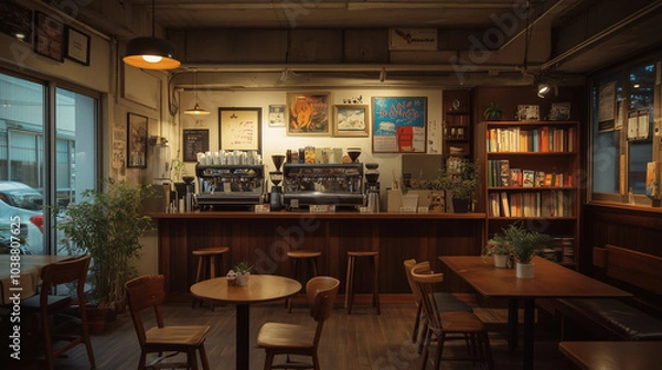 Fototapeta Cozy Cafe Interior with Warm Lighting and Wooden Decor