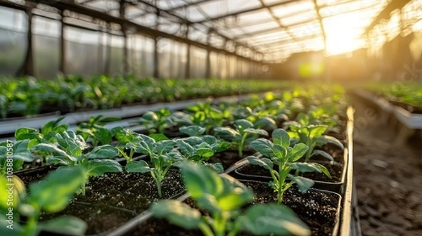 Obraz Vibrant Greenhouse with Rows of Thriving Plants