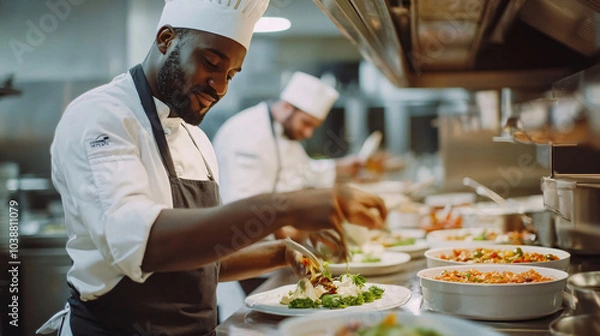 Fototapeta Chefs in busy kitchen preparing gourmet dishes with fresh ingredients, showcasing teamwork and culinary skills. atmosphere is vibrant and filled with creativity