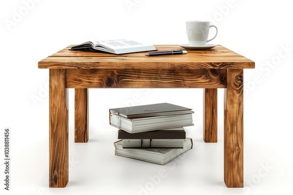 Fototapeta A wooden study table with a pile of textbooks, a pen, and a mug isolated on white
