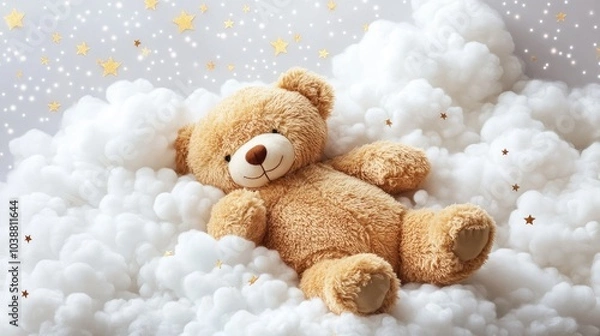 Fototapeta A cuddly teddy bear peacefully snoozing on soft clouds, with twinkling stars in the background, creating a serene and dreamy scene, isolated on a white background