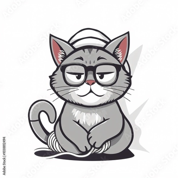 Fototapeta A cool cartoon cat wearing glasses and headphones sits relaxed, enjoying music while coiled in earphone wires