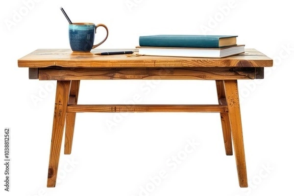Fototapeta A wooden study table with a pile of textbooks, a pen, and a mug isolated on white