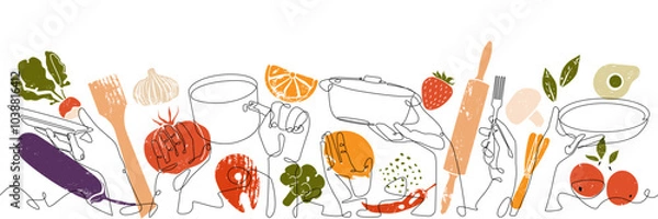 Fototapeta Cooking Background. Restaurant poster. Horizontal pattern with Hands Holding different Kitchen Utensils and Food.Vector illustration. Continuous line drawing style combined with grunge silhouettes.