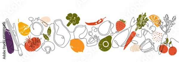 Fototapeta Culinary Background. Restaurant and Kitchen poster. Horizontal pattern with  Delishious Healthy Food. Continuous line drawing style combined with grunge silhouettes of Cooking ingresients.