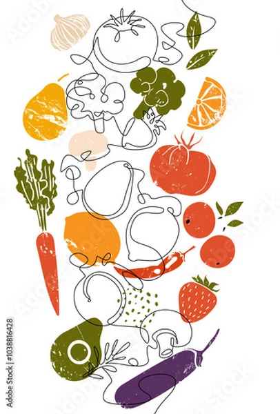 Fototapeta Culinary Vector element. Restaurant and Kitchen art. Vertical pattern with  Delishious Healthy Food. Continuous line drawing style combined with grunge silhouettes of Cooking ingresients.