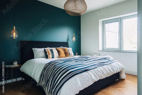 Obraz modern bedroom featuring stylish bed with cozy blanket, accentuated by dark green wall and warm lighting. inviting atmosphere creates perfect retreat for relaxation
