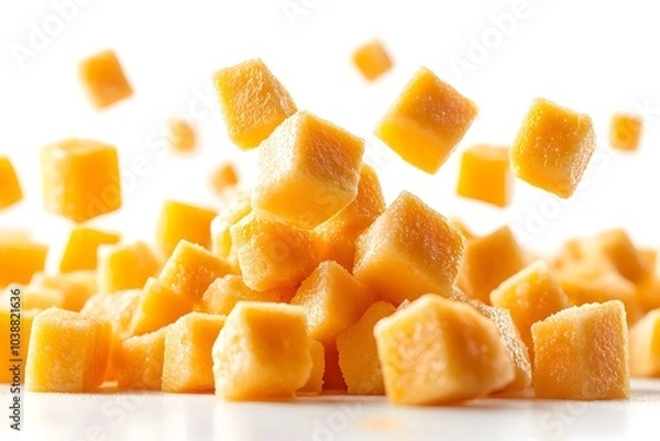 Fototapeta Isolated Falling Mango Cubes on White Background with Full Depth of Field