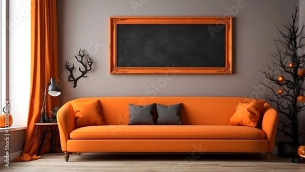 Fototapeta Modern minimalist wall art mockup of orange luxury living room for Halloween, blank frame for wall art mockup of sofa living room, Halloween and Christmas spooky scary vibes of the room interior desig