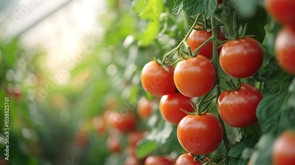 Obraz Sustainable vertical hydroponic tower system growing fresh red tomato 