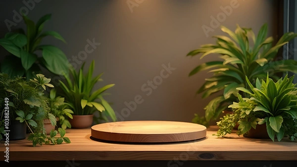 Fototapeta Wooden table features a podium mockup surrounded by illuminated plants.