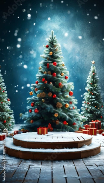 Fototapeta Christmas display podium scene with empty dark blue podium and Xmas trees, festive holiday presentation concept, Christmas tree with ornaments, snowflakes