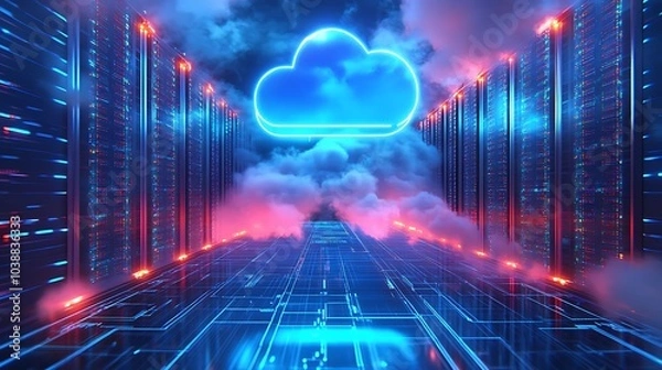 Fototapeta Futuristic Cloud Computing Network Servers. Digital illustration of cloud computing infrastructure with vibrant blue neon lights and futuristic data servers.