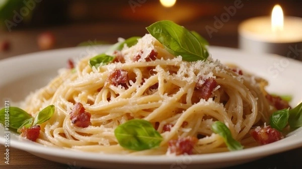 Obraz A tantalizing plate of homemade spaghetti carbonara, garnished with crispy pancetta and freshly grated Parmesan cheese, Pasta plate centered