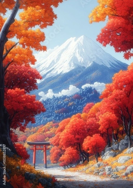 Fototapeta Stunning Autumn Landscape with Red Maple Trees and Snow-Capped Mountain in Japan Featuring a Traditional Torii Gate and Vibrant Foliage Scenery