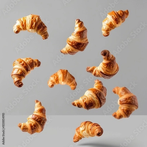 Fototapeta Croissants that fresh and delicious falling in the air isolated on background