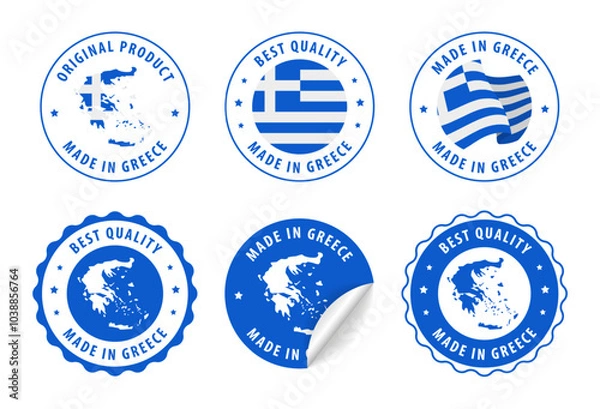 Obraz Greece - set of stamps and stickers with map and flag. Best quality. Original product. Vector illustration.