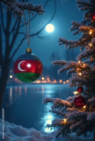 Fototapeta A Christmas tree ball decorated with the flag of Azerbaijan