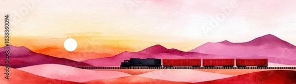 Fototapeta Freight train moving through a landscape, long supply routes, Watercolor style