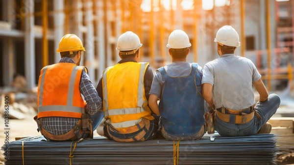 Fototapeta Workers sitting on break at a construction site, where engineers industry employees, builder team up male architects and laborers rest together outdoors, during their job project