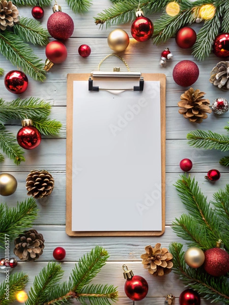 Fototapeta Mockup of a Christmas card. Blank greeting card on a rustic table with fir branches, pine cones and decor. Space for text. Holiday greetings. Merry Christmas