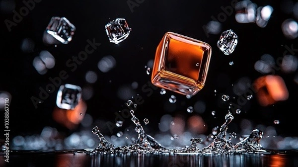 Fototapeta   Cubes float in black-and-white water splash on air