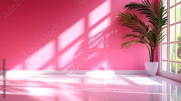 Obraz  A pink room features a potted plant on its sill and a pink wall with a window pane