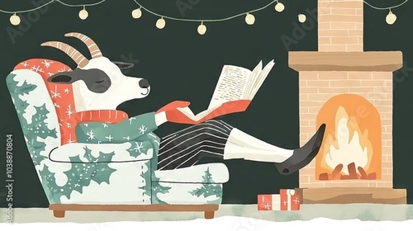 Fototapeta   A goat reading a book in front of a Christmas-decorated fireplace